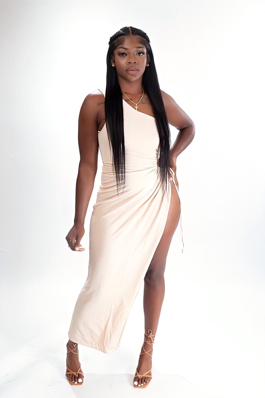 beige and coco dress Pleated-Back Mini Dress in Beige Large Shell