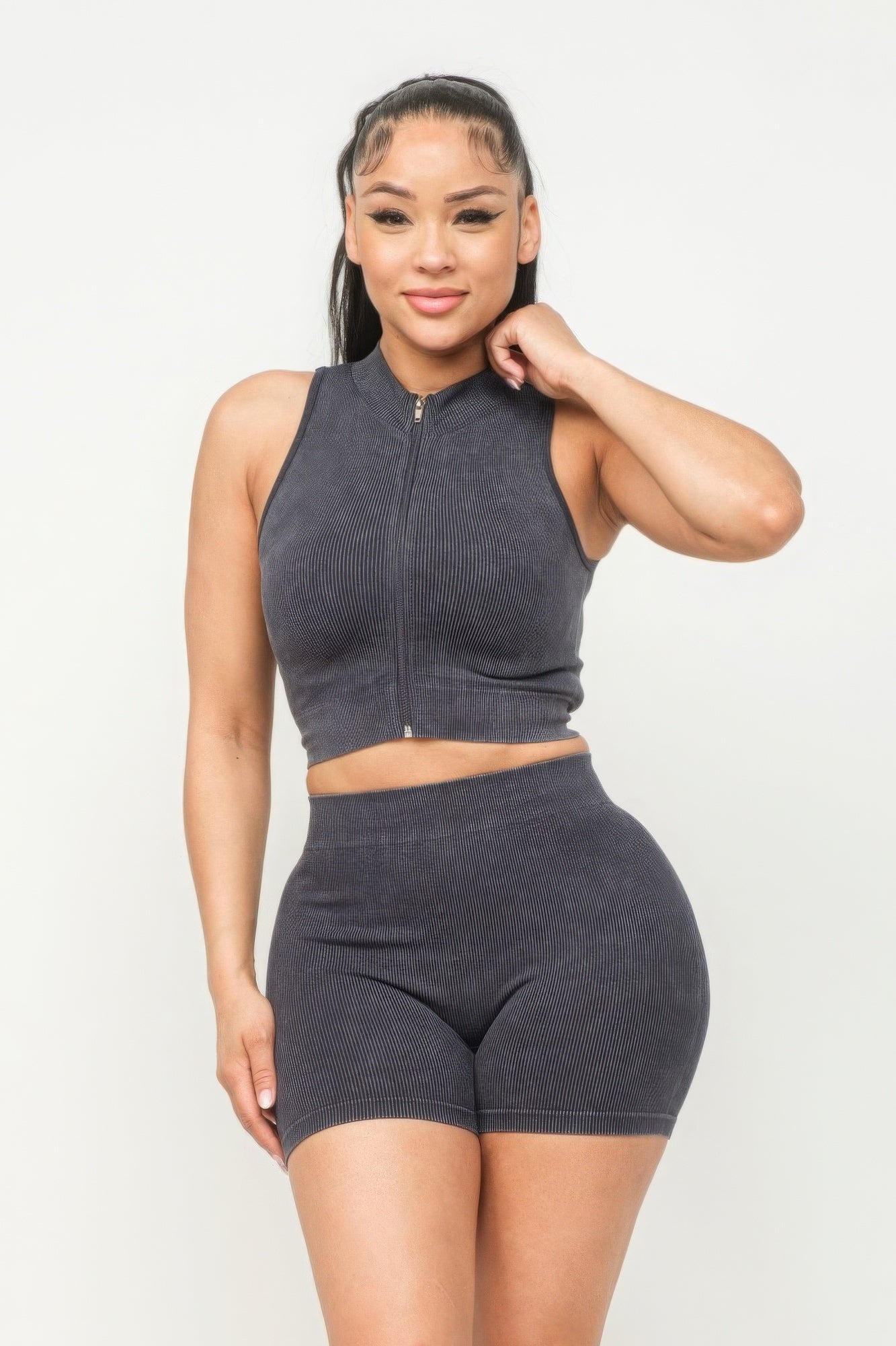 Washed Seamless Zipper Top And Shorts Set | APPAREL, BASICS & ACTIVEWEAR, Black, CCPRODUCTS, Denim, Fuchsia, NEW ARRIVALS, SETS | Bodiied