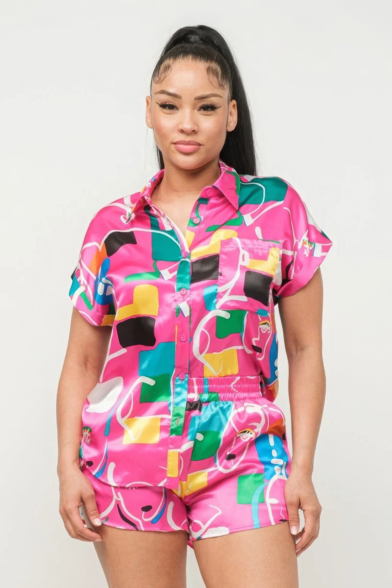 Satin Dolman Print Button Down Top And Shorts Set | APPAREL, CCPRODUCTS, Fuchsia Combo, Green Combo, NEW ARRIVALS, SETS, White Combo | Bodiied