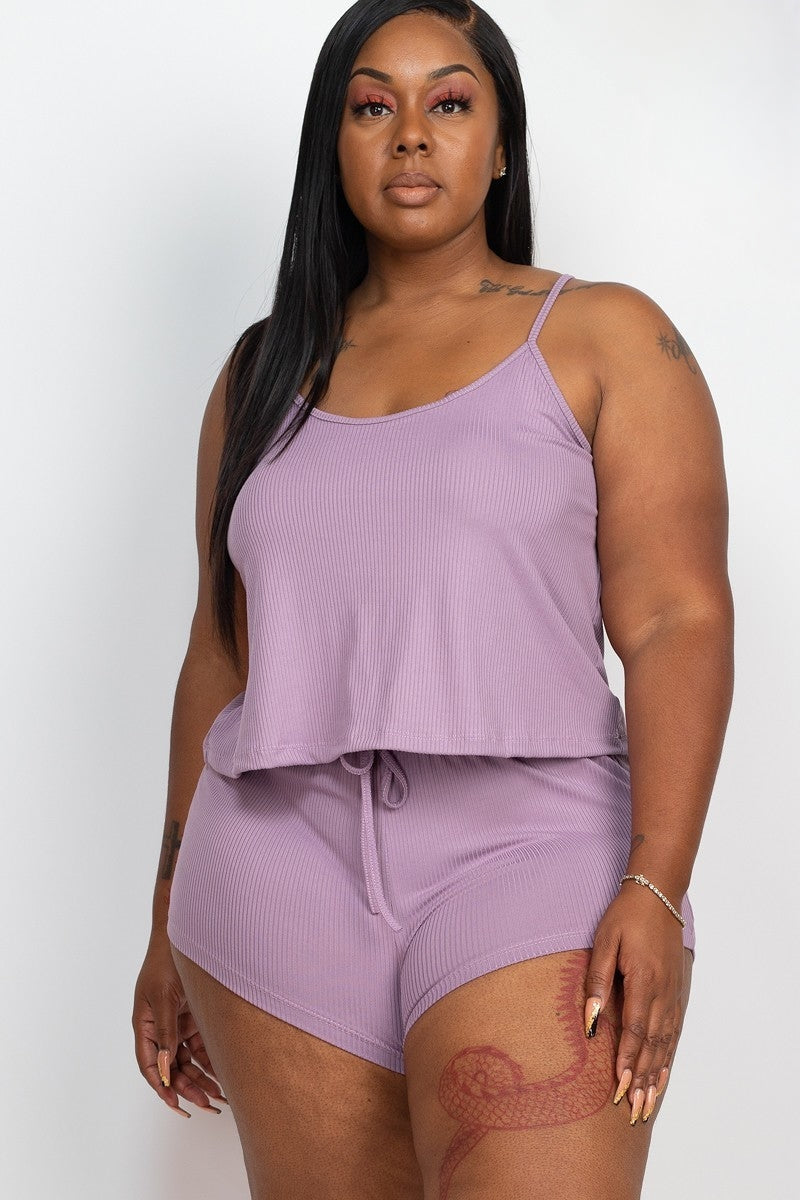 Plus Ribbed Strappy Top And Shorts Set