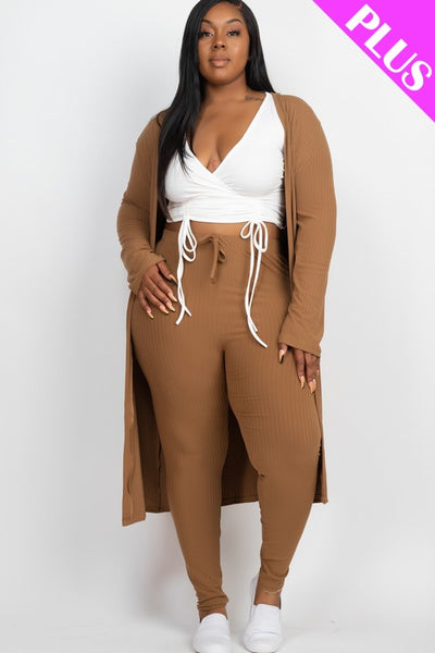 Plus Size Ribbed Long Cardigan & Leggings Set | Casual Sets, Cropped, Drawstring/Belted, NEW ARRIVALS, Plus, Solid, Spandex | Capella