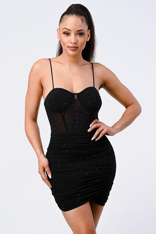 Luxe Glitter Front Mesh Ribbed Cami Mini Dress | APPAREL, Black, Cinnamon, DRESSES, SALE, SALE APPAREL | Bodiied