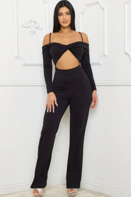 Open Shoulder Cutout Detail Jumpsuit | APPAREL, Black, CCPRODUCTS, Cinnamon, JUMPSUITS & ROMPERS, Red, SALE, SALE APPAREL | Bodiied