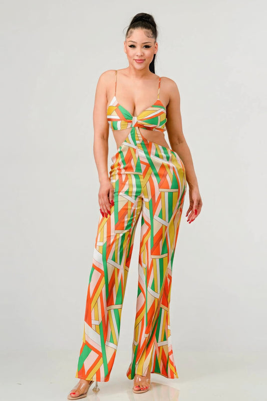 Luxe geo print satin bra top and palazzo jumpsuit | APPAREL, CCPRODUCTS, JUMPSUITS & ROMPERS, NEW ARRIVALS, Orange Multi | Bodiied