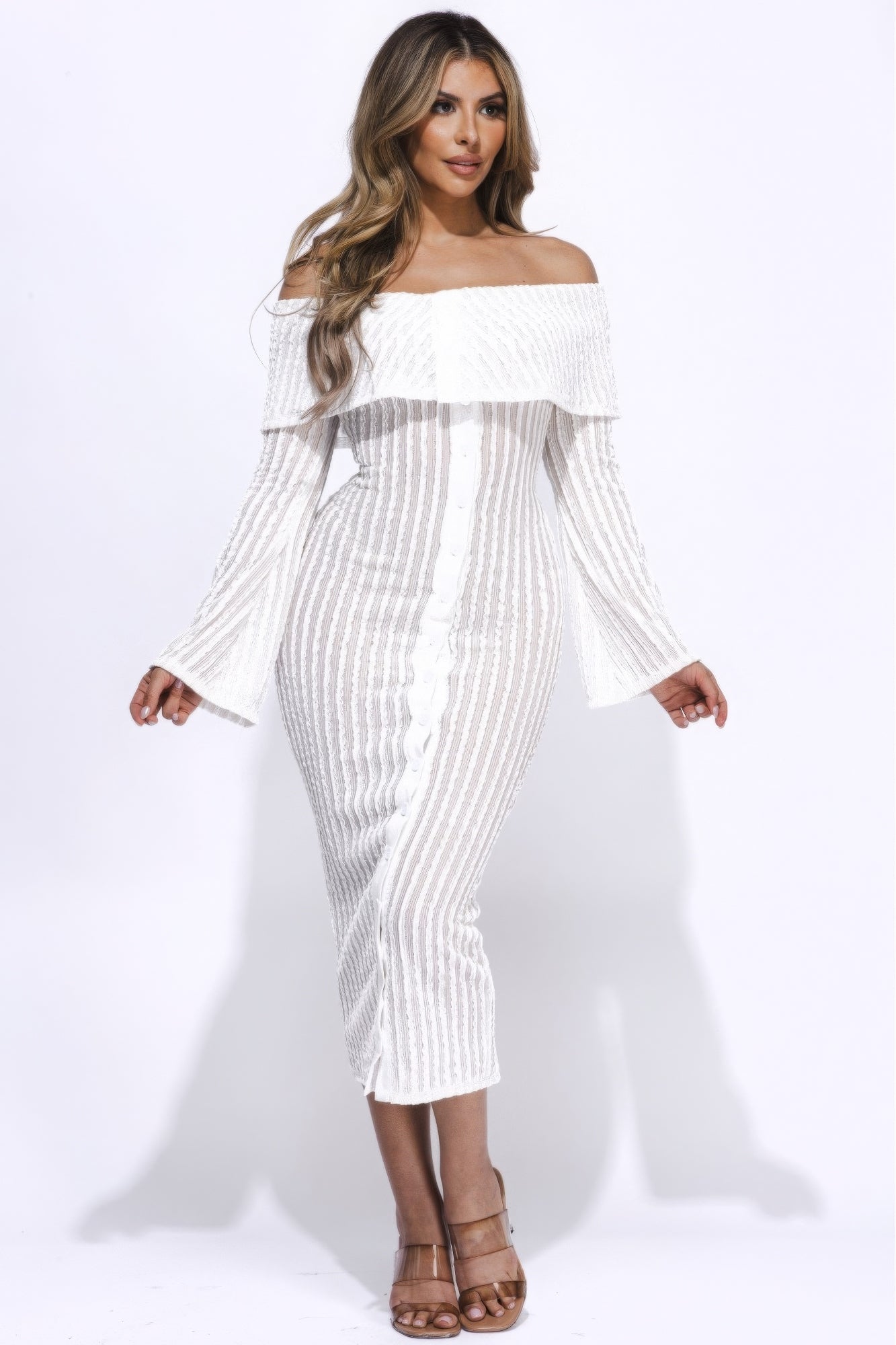 Ruffled Fabric Off Shoulder Midi Dress With Flared Sleeve | APPAREL, Black, CCPRODUCTS, DRESSES, NEW ARRIVALS, Pink, White | Bodiied