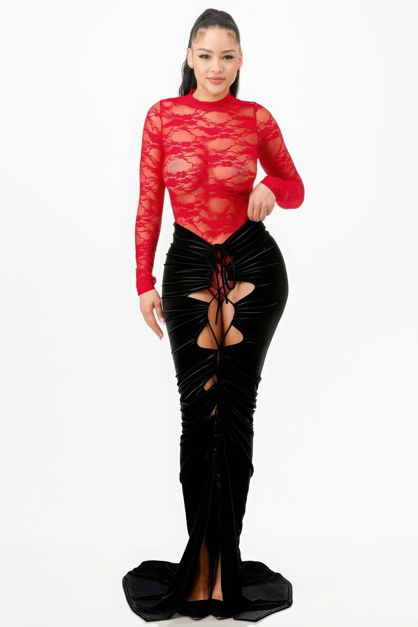 Lace Bodysuit & Mermaid Skirt | APPAREL, CCPRODUCTS, MADE IN USA, NEW ARRIVALS, Red/Black, SETS | Bodiied