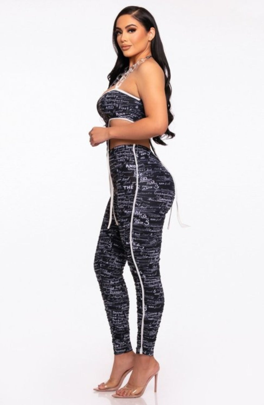 Mesh Print Crop Top With Plastic Chain Halter Neck With Matching Leggings - Black