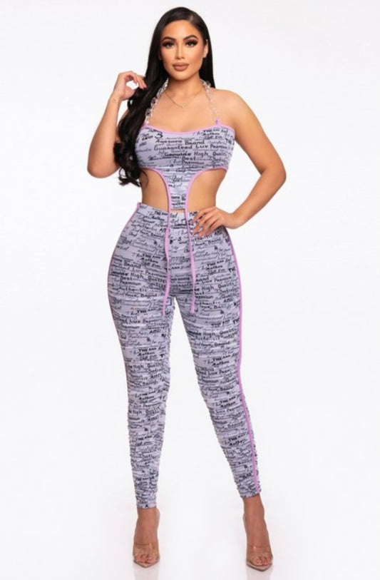 Mesh Print Crop Top With Plastic Chain Halter Neck With Matching Leggings - White