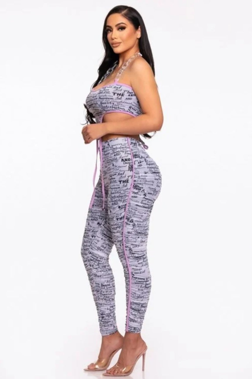 Mesh Print Crop Top With Plastic Chain Halter Neck With Matching Leggings - White