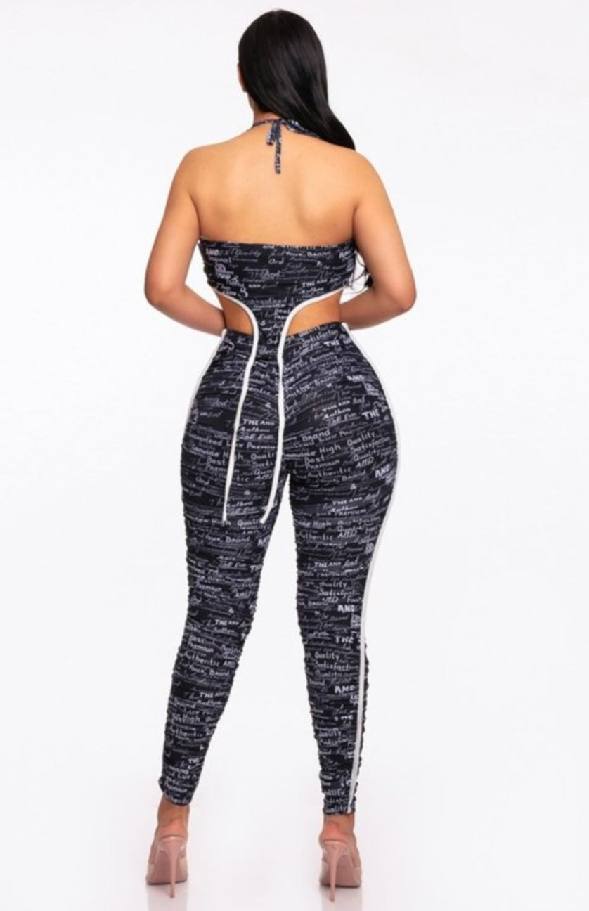 Mesh Print Crop Top With Plastic Chain Halter Neck With Matching Leggings - Black