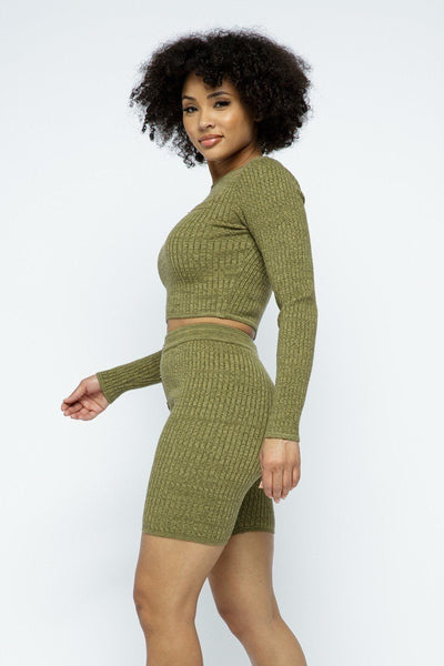 Knit Long Sleeve Cropped Top Knit High-waist Biker Shorts Set | APPAREL, BASICS & ACTIVEWEAR, Black, Brown, Olive, Red, RESTOCKED POPULAR ITEMS, SALE, SALE APPAREL, SETS | Bodiied