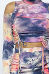 Tie Dye Open Shoulder Long Sleeve Top And Matching Skirt W Ruching Details | APPAREL, Lavender, SALE, SALE APPAREL, SETS | Bodiied