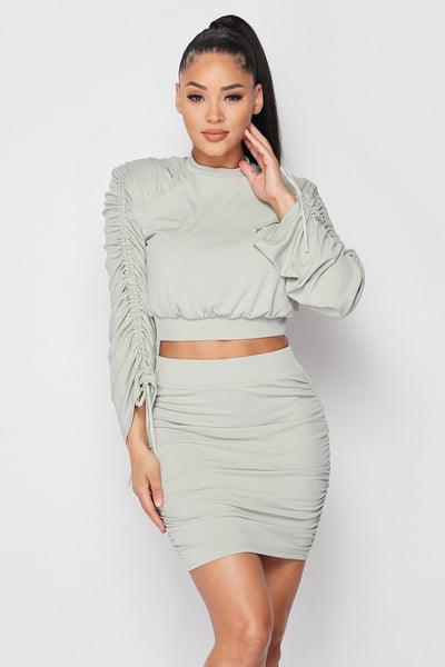 Ruched Long Sleeve And Skirt Set | APPAREL, Black, Dusty Mint, RESTOCKED POPULAR ITEMS, SALE, SALE APPAREL, SETS | Bodiied