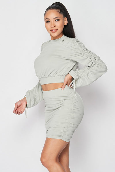 Ruched Long Sleeve And Skirt Set | APPAREL, Black, Dusty Mint, RESTOCKED POPULAR ITEMS, SALE, SALE APPAREL, SETS | Bodiied
