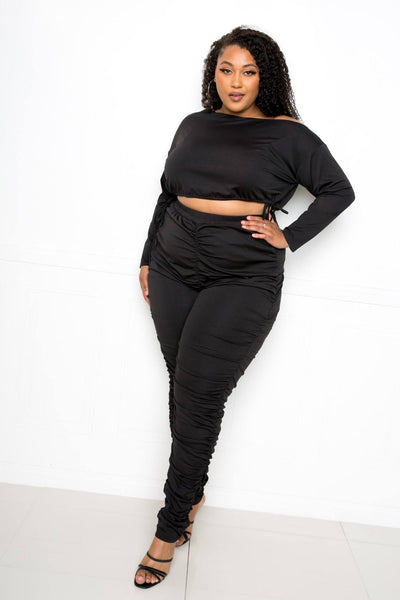 Off Shoulder Cropped Top And Ruched Leggings Sets | Black, Olive, PLUS SIZE, PLUS SIZE SETS, RESTOCKED POPULAR ITEMS, SALE, SALE PLUS SIZE | Bodiied
