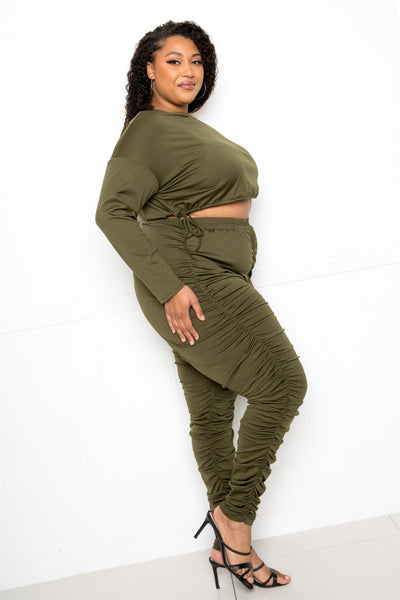 Off Shoulder Cropped Top And Ruched Leggings Sets | Black, Olive, PLUS SIZE, PLUS SIZE SETS, RESTOCKED POPULAR ITEMS, SALE, SALE PLUS SIZE | Bodiied
