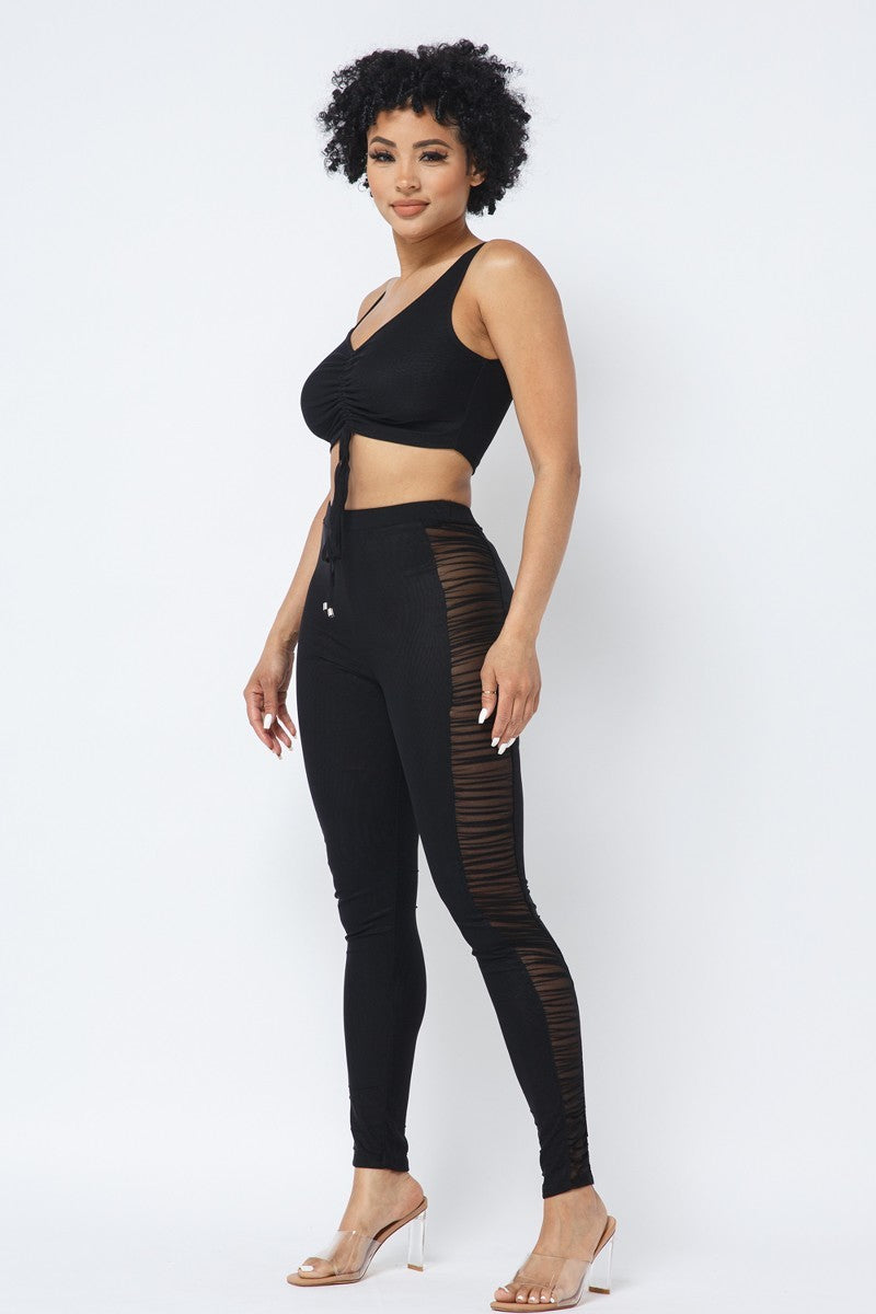 Mesh Strappy Adjustable Ruched Crop Top With Matching See Through Side Panel Leggings | APPAREL, Black, Rose, SALE, SALE APPAREL, SETS | Bodiied