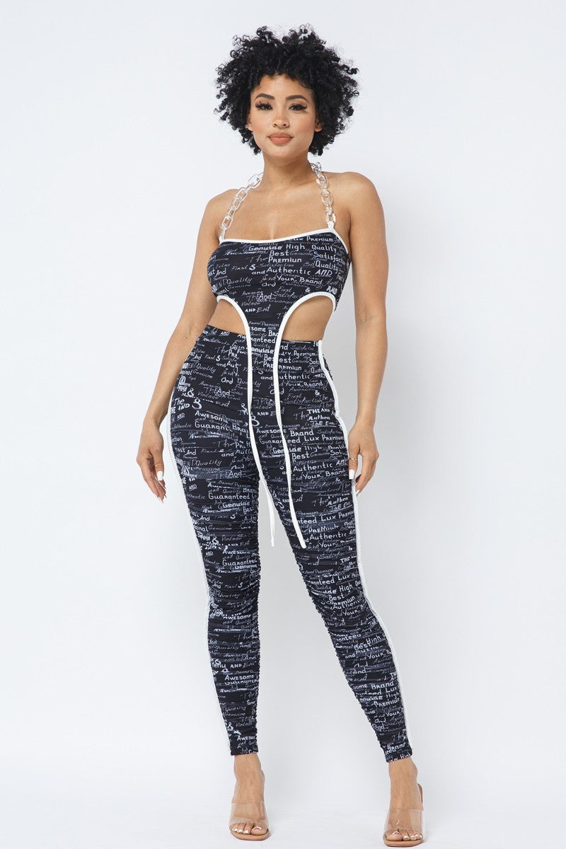 Mesh Print Crop Top With Plastic Chain Halter Neck With Matching Leggings | APPAREL, Black, SALE, SALE APPAREL, SETS | Bodiied