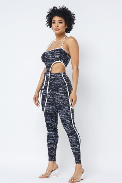 Mesh Print Crop Top With Plastic Chain Halter Neck With Matching Leggings | APPAREL, Black, SALE, SALE APPAREL, SETS | Bodiied