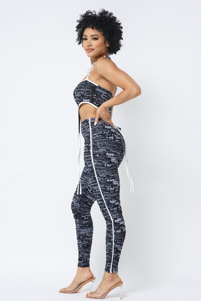 Mesh Print Crop Top With Plastic Chain Halter Neck With Matching Leggings | APPAREL, Black, SALE, SALE APPAREL, SETS | Bodiied