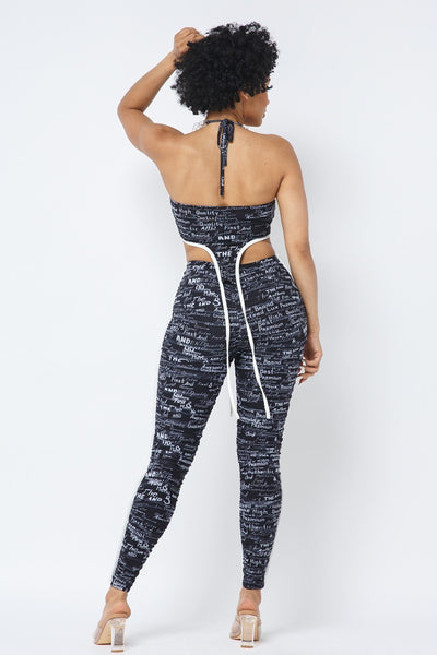 Mesh Print Crop Top With Plastic Chain Halter Neck With Matching Leggings | APPAREL, Black, SALE, SALE APPAREL, SETS | Bodiied