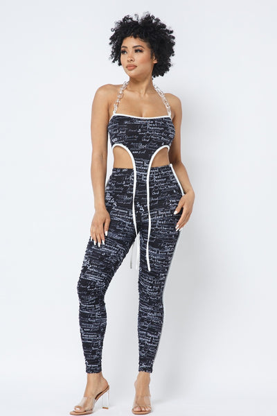 Mesh Print Crop Top With Plastic Chain Halter Neck With Matching Leggings | APPAREL, Black, SALE, SALE APPAREL, SETS | Bodiied