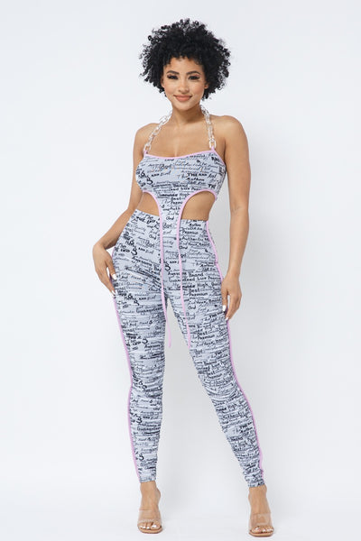 Mesh Print Crop Top With Plastic Chain Halter Neck With Matching Leggings | APPAREL, SALE, SALE APPAREL, SETS, White | Bodiied