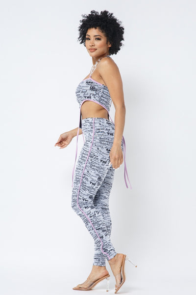 Mesh Print Crop Top With Plastic Chain Halter Neck With Matching Leggings | APPAREL, SALE, SALE APPAREL, SETS, White | Bodiied
