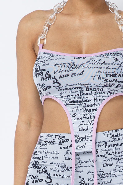 Mesh Print Crop Top With Plastic Chain Halter Neck With Matching Leggings | APPAREL, SALE, SALE APPAREL, SETS, White | Bodiied