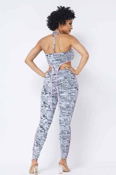 Mesh Print Crop Top With Plastic Chain Halter Neck With Matching Leggings | APPAREL, SALE, SALE APPAREL, SETS, White | Bodiied