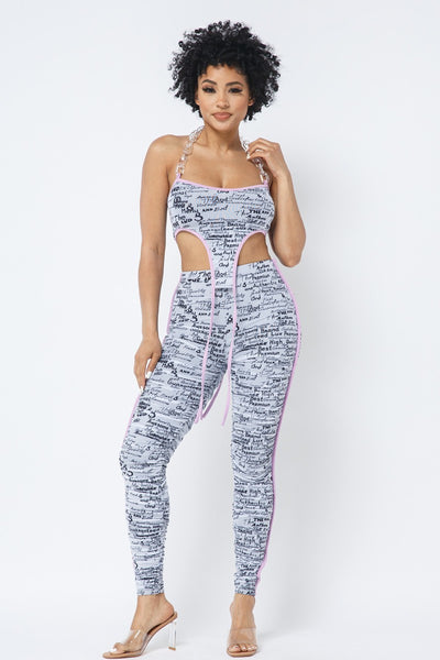 Mesh Print Crop Top With Plastic Chain Halter Neck With Matching Leggings | APPAREL, SALE, SALE APPAREL, SETS, White | Bodiied