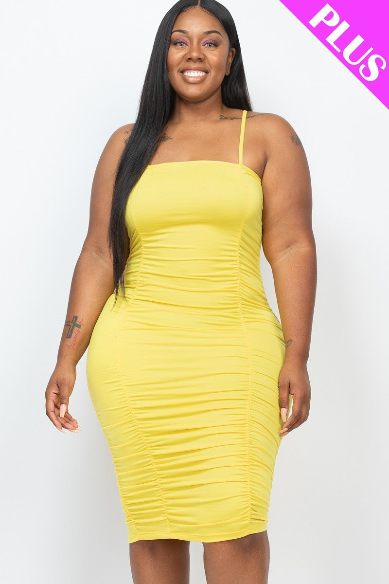 Plus Size Double Ruched Front And Ruched Back Detail Mini Dress | Black, Grape, Green Bay, Nocturne, PLUS SIZE, PLUS SIZE BASICS & ACTIVEWEAR, PLUS SIZE DRESSES, RESTOCKED POPULAR ITEMS, SALE, SALE PLUS SIZE, White, Yellow | Bodiied