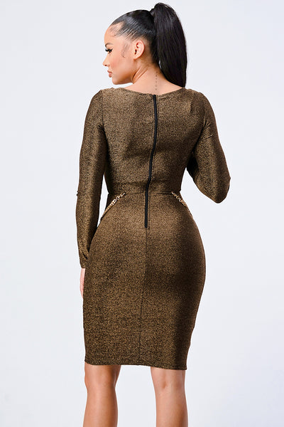 Luxe Waist Gold Chain Cut-out Detail Square Neck Glitter Bodycon Dress | APPAREL, Brown, DRESSES, SALE, SALE APPAREL | Bodiied