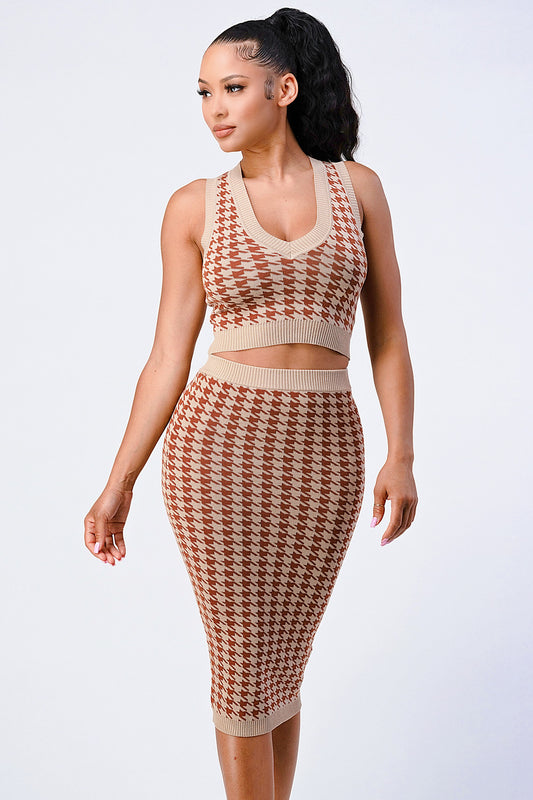 Luxe Gingham Rib Knit Top And Skirt Sets | APPAREL, RESTOCKED POPULAR ITEMS, SALE, SALE APPAREL, SETS, Taupe/Brown | Bodiied