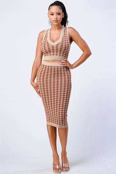 Luxe Gingham Rib Knit Top And Skirt Sets | APPAREL, RESTOCKED POPULAR ITEMS, SALE, SALE APPAREL, SETS, Taupe/Brown | Bodiied