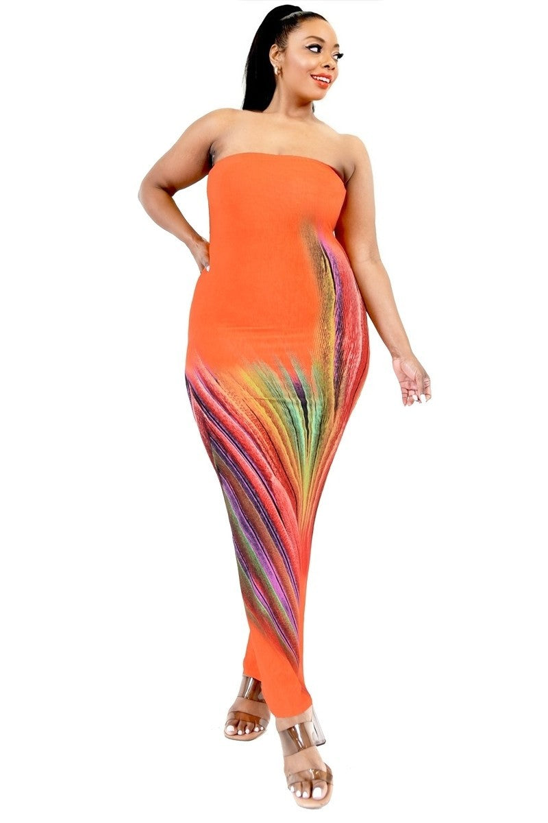 Plus Sleeveless Color Gradient Tube Top Maxi Dress | Orange/Multi, PLUS SIZE, PLUS SIZE JUMPSUITS & ROMPERS, RESTOCKED POPULAR ITEMS, SALE, SALE PLUS SIZE | Bodiied