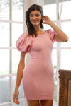 Knit Short Balloon Sleeve Bodycon Mini Dress | APPAREL, Black, DRESSES, Pink, SALE, SALE APPAREL | Bodiied