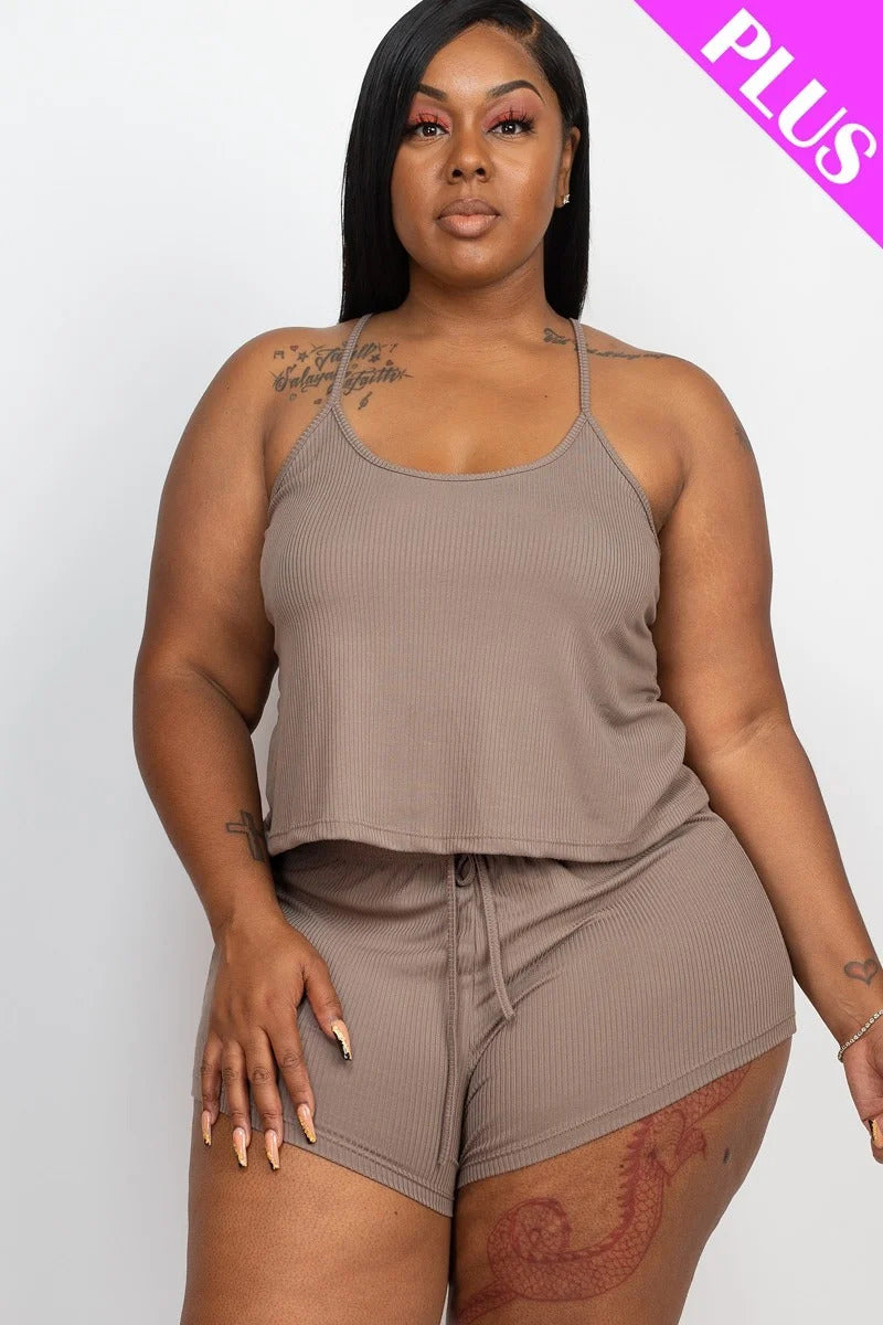 Plus Ribbed Strappy Top And Shorts Set | Berry, Black, Cloud, Green Bay, Latte, Orchid, PLUS SIZE, PLUS SIZE BASICS & ACTIVEWEAR, PLUS SIZE SETS, SALE, SALE PLUS SIZE, Taupe | Bodiied