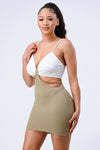 Multi Fabric Bralette Side Cutout With Gold Chain Zipper Closure Back Bodycon Mini Dress | APPAREL, DRESSES, Ivory/Olive, SALE, SALE APPAREL | Bodiied