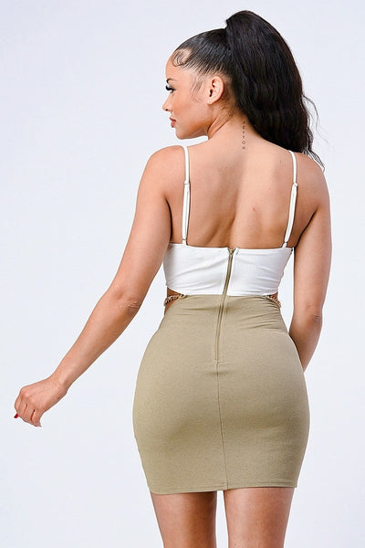 Multi Fabric Bralette Side Cutout With Gold Chain Zipper Closure Back Bodycon Mini Dress | APPAREL, DRESSES, Ivory/Olive, SALE, SALE APPAREL | Bodiied