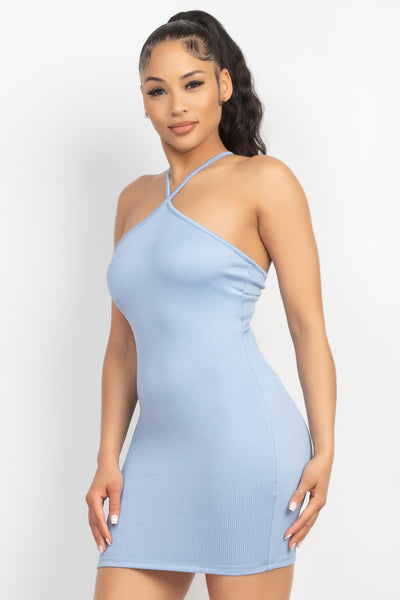 Halter Neck Ribbed Seamless Cut-out Dress | APPAREL, Blue, DRESSES, SALE, SALE APPAREL, Tan | Bodiied