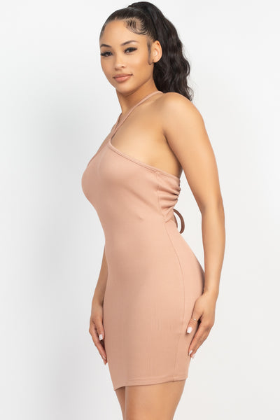 Halter Neck Ribbed Seamless Cut-out Dress | APPAREL, Blue, DRESSES, SALE, SALE APPAREL, Tan | Bodiied