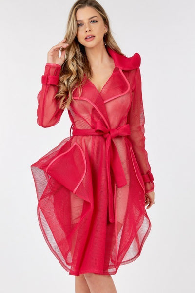 Side Tacking Waist Tie Mesh Coat | APPAREL, CCPRODUCTS, Fuchsia, OUTERWEAR, Royal, SALE, SALE APPAREL, TOPS | Bodiied