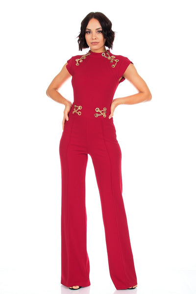 Eyelet With Chain Deatiled Fashion Jumpsuit | APPAREL, Black, CCPRODUCTS, Fuchsia, JUMPSUITS & ROMPERS, Red, SALE, SALE APPAREL | Bodiied