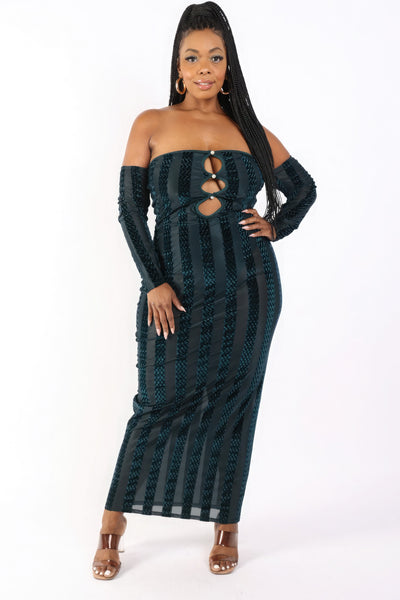 Striped Velvet Off Shoulder Dress | CCPRODUCTS, Hunter, NEW ARRIVALS, PLUS SIZE, PLUS SIZE DRESSES | Bodiied
