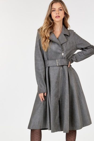 Waist Belt Tacked Faux Suede Coat Solid Coat | APPAREL, Black, CCPRODUCTS, Grey, NEW ARRIVALS, OUTERWEAR, TOPS | Bodiied