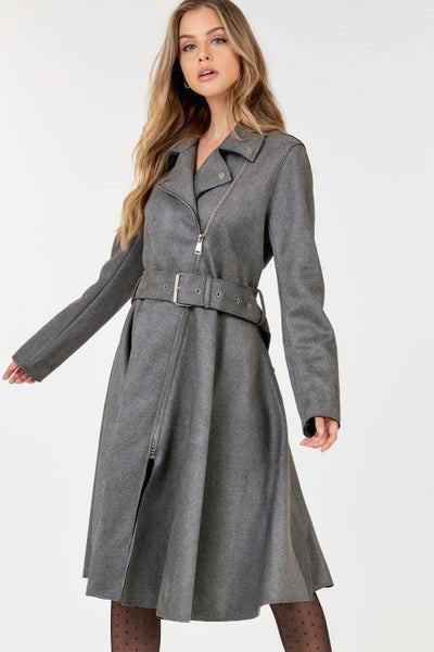 Waist Belt Tacked Faux Suede Coat Solid Coat | APPAREL, Black, CCPRODUCTS, Grey, NEW ARRIVALS, OUTERWEAR, TOPS | Bodiied