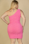 Plus Size Bubble Fabric One Shoulder Bodycon Mini Dress | Black, Bubblegum Pink, CCPRODUCTS, NEW ARRIVALS, PLUS SIZE, PLUS SIZE DRESSES, White | Bodiied