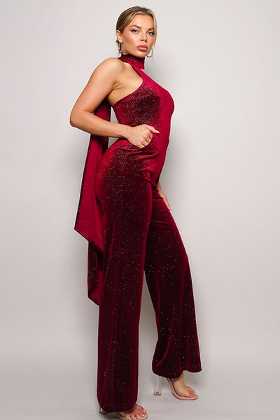 Scarf Top Glitter Velvet Jumpsuit | APPAREL, Black, Burgundy, CCPRODUCTS, JUMPSUITS & ROMPERS, NEW ARRIVALS, Teal | Bodiied