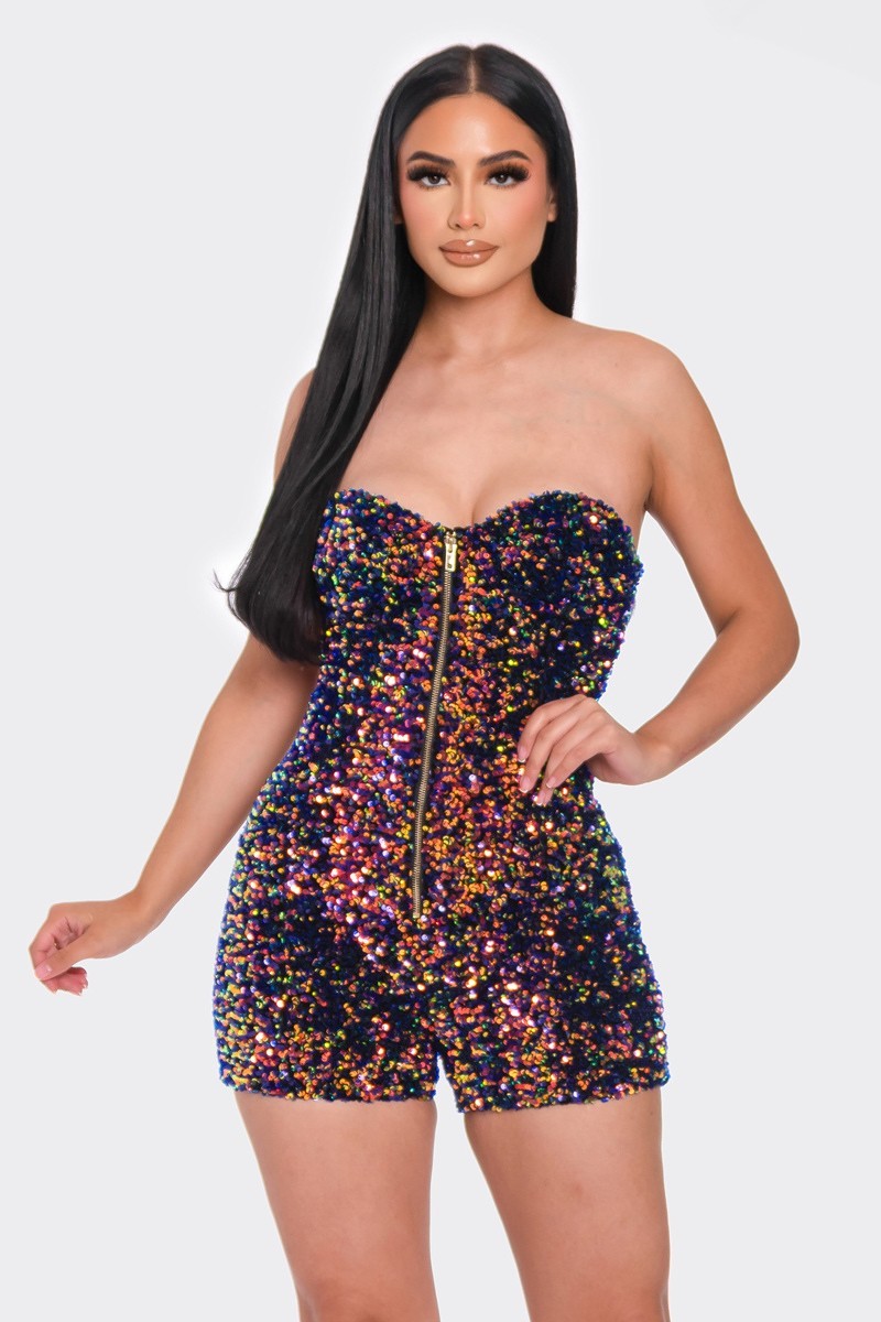 Multi Sequins Tube Top Romper | APPAREL, Blue Pink, CCPRODUCTS, Gold Green, JUMPSUITS & ROMPERS, Navy Gold, NEW ARRIVALS | Bodiied